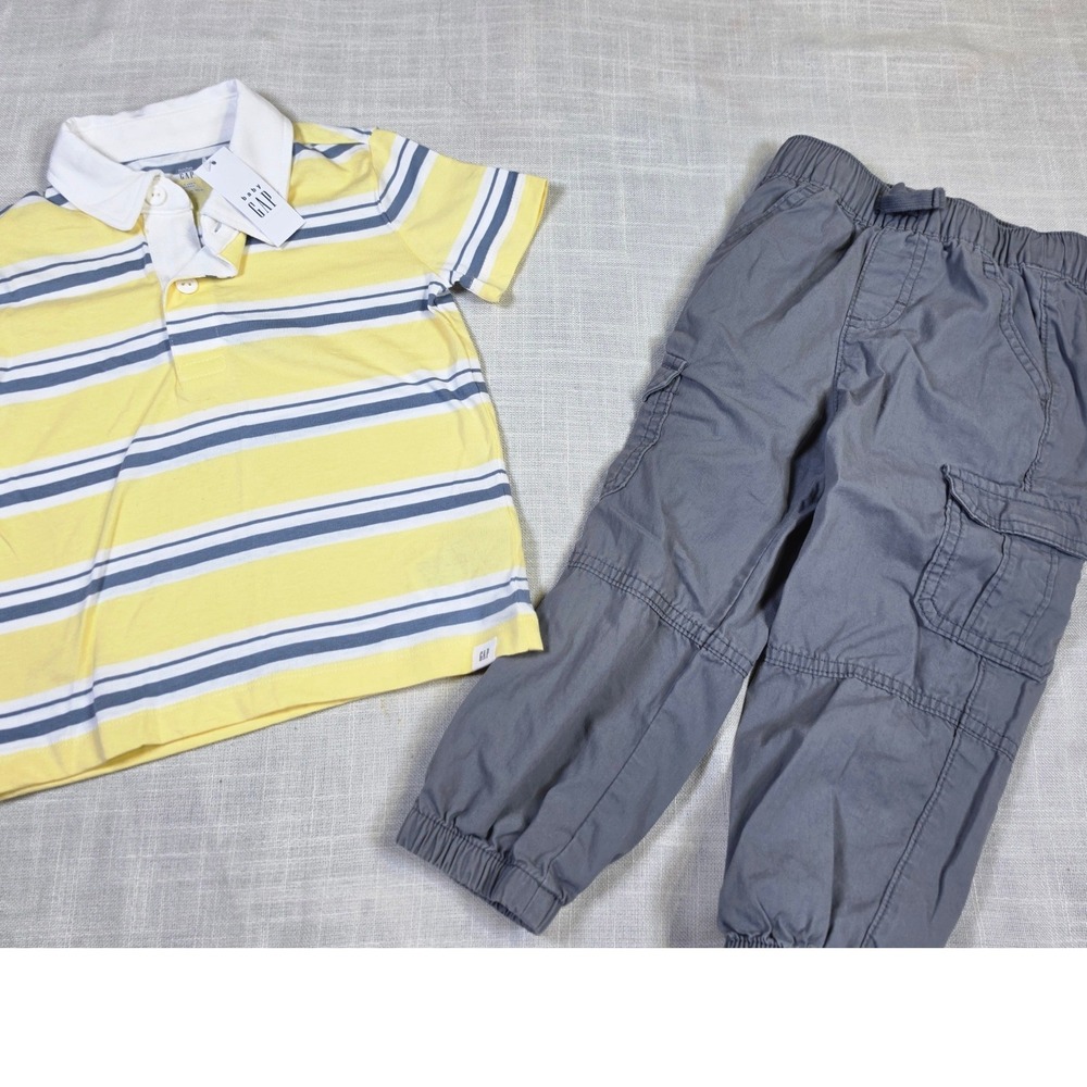 Baby Gap Polo Shirt & Wonder Nation Cargo Pants Set 3T Yellow Grey Stripe NWT